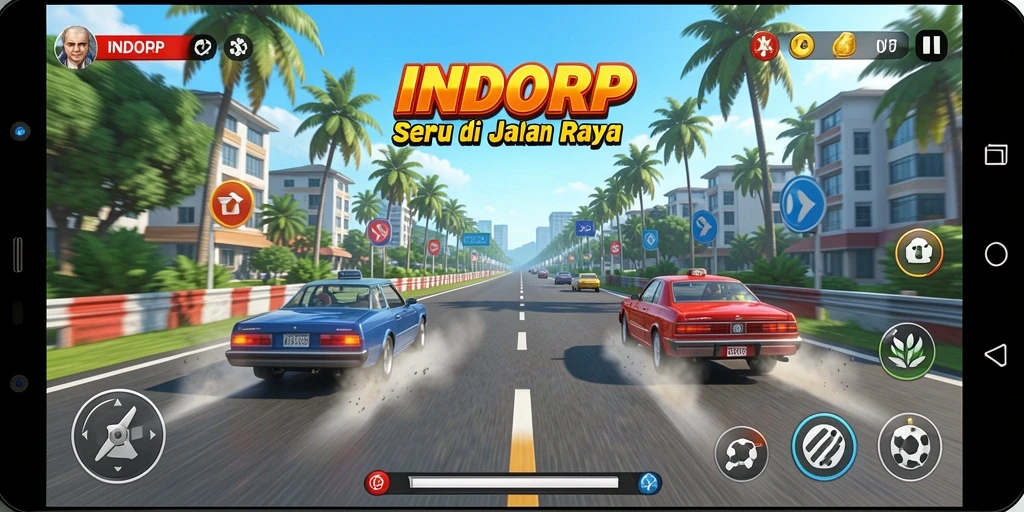 Gameplay penuh aksi di INDORP dengan mobil balap cepat.
