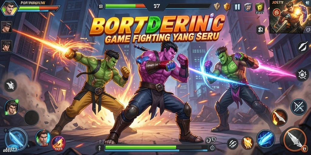Screenshot menunjukkan karakter bertarung dengan latar belakang arena yang mendebarkan.
