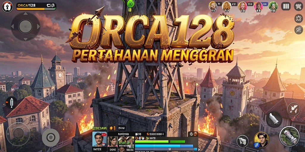 Screenshot permainan ORCA128 menampilkan pertahanan menara yang strategis.