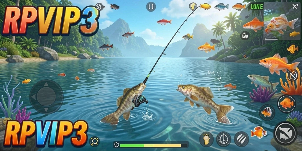 Tampilan gameplay RPVIP3 dengan aksi memancing yang seru.