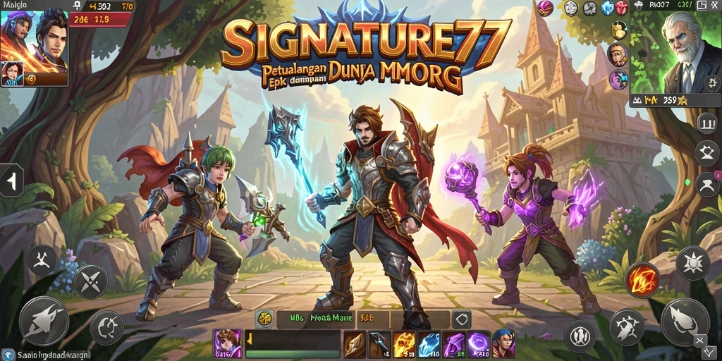 Screenshot utama SIGNATURE77 menampilkan aksi pertarungan seru dalam dunia MMORPG.